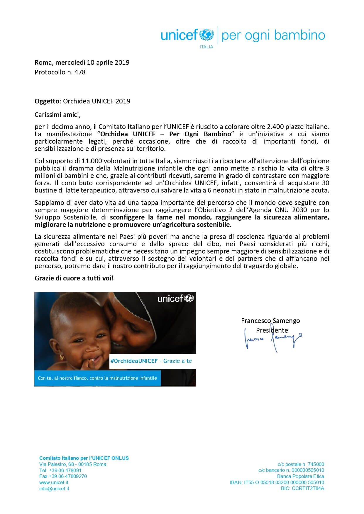 Ringraziamenti ricevuti da Pro Loco Inzago da parte di Unichef